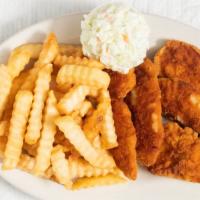 Chicken Fingers · Served with French fries and coleslaw.