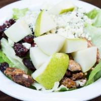 Pear Fection (Vt) · Your choice of greens, fresh pear, gorgonzola, candies pecans, & dried cranberry with balsam...