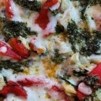 Personal Green Monster · Margherita sauce, spinach, roasted red peppers, artichoke, farmers cheese with pesto