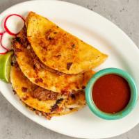 Tacos Al Compadre · (3) barbacoa tacos with cheese, onion and cilantro on handmade tortillas. Served with a dipp...