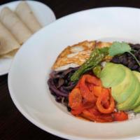 Santa Fe Bowl · 2 eggs over easy, rice, beans, avocado, grilled onions, corn tortilla, shishito peppers, cil...