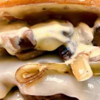 French Onion · Buddy with fried onions, ‘shrooms, roasted garlic mayo, honey Dijon, and swiss cheese.