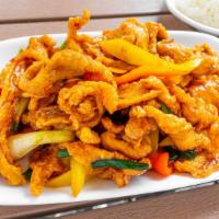 Cashew Chicken · Crispy chicken with cashew nuts, onion and bell peppers in a sweet and tangy sauce.