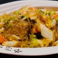 Jop Chae · Pan fried noodle with beef and vegetables.