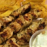 Chicken Skewers (3) · With pita, lemon and tzatziki