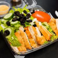 Greek Salad · Mixed Greens, Tomato, Cucumbers, Black Olives, Croutons and Feta