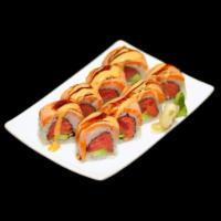 The Great Gatsby Roll · Spicy tuna, yellowtail and avocado inside, topped with torched salmon and eel sauce.