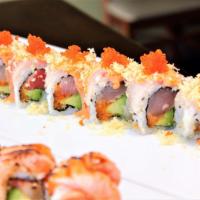 Double Spicy Hamachi Roll · Spicy hamachi, tempura flakes, tobiko, avocado and scallions inside, topped with spicy hamac...