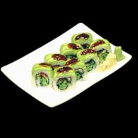 Caterpillar Roll · Unagi, cucumber and tobiko inside, topped with avocado and eel sauce.
