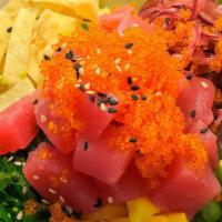 Spicy Ahi Tuna Bowl · Ahi tuna, cucumber, sweet oion, edmame, mango, tobiko, seaweed salad, sesme seeds, wonton cr...