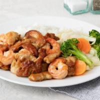 Chicken Shrimp Teriyaki · Served with steamed rice and vegetables. 760 calories.
