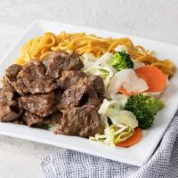 Beef Teriyaki · Served with steamed rice and vegetables. 580 calories.