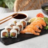 Salmon Combo · Salmon avocado roll and 4x salmon sushi. Raw or undercooked.