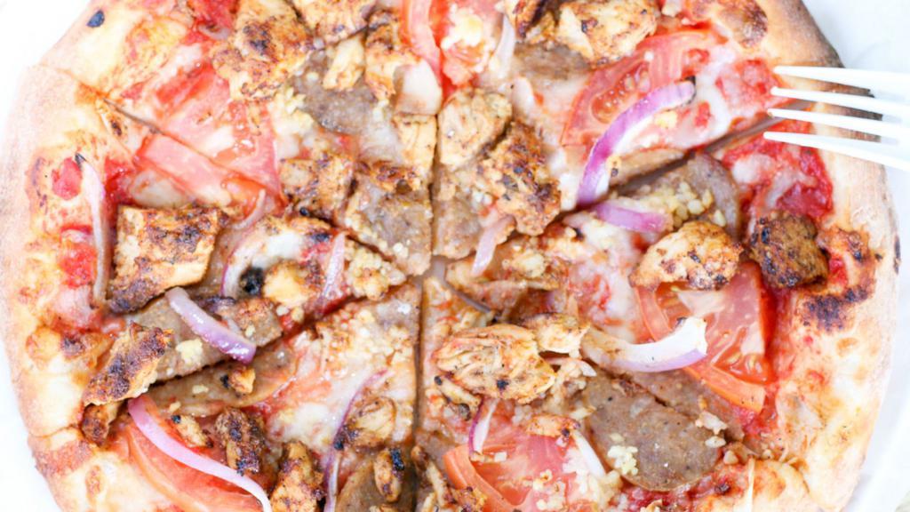 Bourbon Street Pizza · Blackened grilled chicken, sausage, fresh garlic, fresh tomato, and onion.