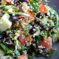 Long Life Salad · quinoa, black beans, lentils, tomatoes, cucumbers, shredded lettuce, craisins, goat cheese, ...