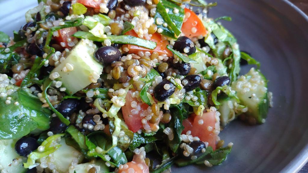 Long Life Salad · quinoa, black beans, lentils, tomatoes, cucumbers, shredded lettuce, craisins, goat cheese, sunflower seeds, red wine herb vinaigrette