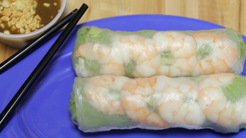 Kv5 - Shrimp Summer Rolls · Shrimp, rice vermicelli, lettuce, bean sprout, mint, Chinese chives and cilantro hand-rolled in soft rice paper.
