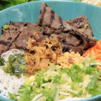 101 - Sesame Beef Vermicelli · Grilled beef. Rice vermicelli, mixed greens (bean sprouts, lettuce, mint, cilantro, pickled ...
