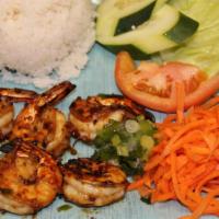 Br6 - Grilled Shrimp Broken Rice · Six shrimps. Broken rice, lettuce, cucumber, tomatoes, pickled carrots, and sautéed scallion...