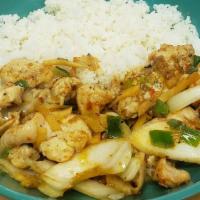 Ginger Chicken Rice · Chicken sautéed with ginger, onions, garlic, scallions; over rice.