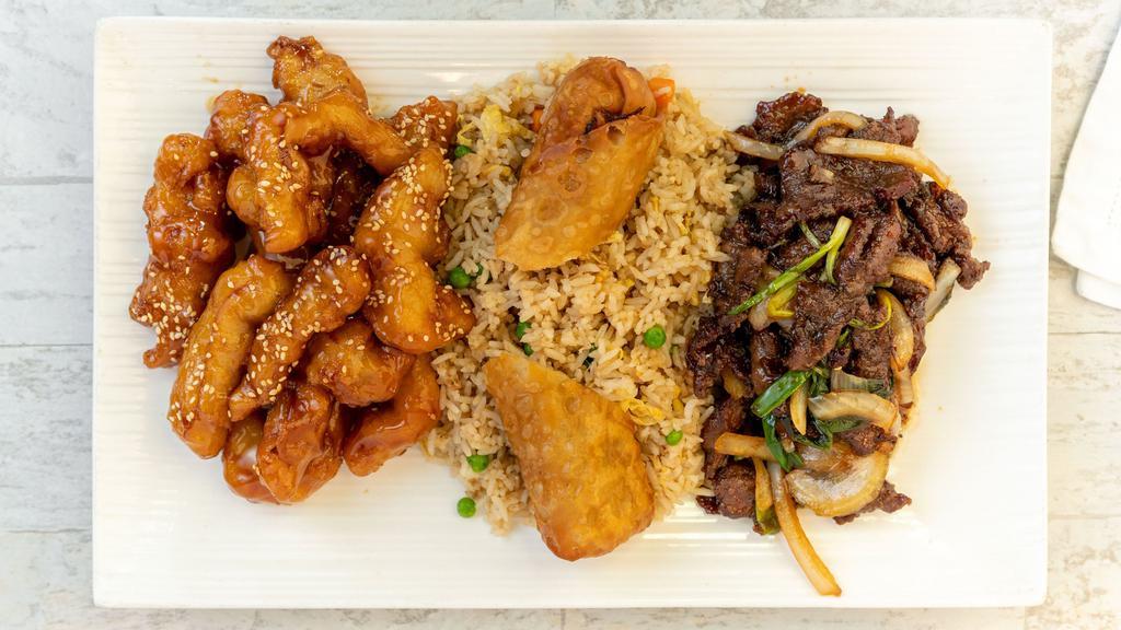 Mongolian Beef Combo · Mongolian beef, fried rice and egg roll. Served with choice of sweet and sour pork or honey sesame chicken.