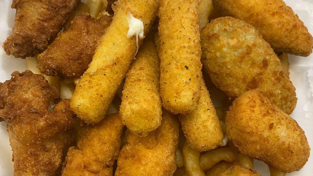Mixed Combo · Two mozzarella sticks, two chicken tenders, four chicken wings, four jalapeno poppers, fries and onion rings.