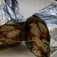 Chicken Pesto Wrap · Charbroiled chicken, pesto sauce, roasted peppers and provolone cheese.