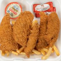 Chicken Fingers · Breaded and fried chicken strips. Add dressing for an additional charge.