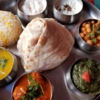 Lovash Non-Vegetarian Thali · With Mulligatawny Soup, Choice of meats (Chicken, Fish, Beef or Lamb), Palak Paneer, Chana M...