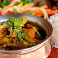 Vegan Vegetable Curry · Fresh vegetables cooked in blended sauce. Vegan.