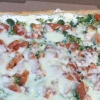 White Veggie Pizza (Sicilian) · Tomatoes, spinach, broccoli, mozzarella, and garlic.