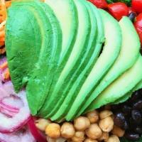 Southwest Vegan Bowl · Organic farro or quinoa, organic kale, avocado, grape tomatoes, shredded carrots, roasted ch...