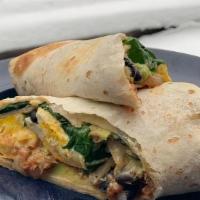Breakfast Burrito · eggs, shredded cheddar, chipotle mayo, avocado, black beans, roasted onion, salsa, and spinach