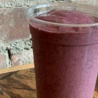 Double Berry Smoothie - 16Oz · Blueberry, strawberry, banana, orange juice, oat milk, and mint