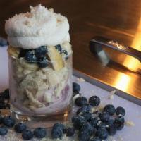Beauregarde · Blueberry pie ice cream topped with bananas, blueberries, pie crust and homemade cinnamon wh...