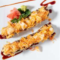 Volcano Roll · Spicy tuna, yellowtail, cheese inside all deep fried, spicy scallop, spicy crab, roast on th...