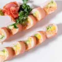 Spring Garden Roll · Lobster salad, avocado, mango inside, tobiko on top wrapped with soybean paper.