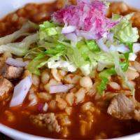 Sopa De Pozole · Chicken or Pork soup with corn, and two tostadas