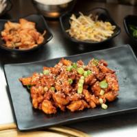 Spicy Chicken · Marinated w. tangy gojuchang, red chili pepper flakes, pepper, garlic and soy sauce. Halal c...