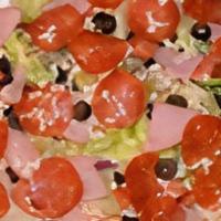 Antipasto · Lettuce, roma tomatoes, mozzarella cheese, green peppers, onions, black olives, Canadian bac...