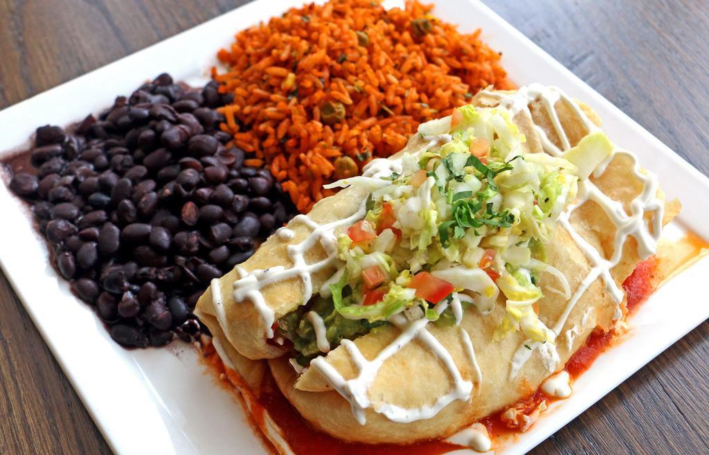 Chimichangas (Entree) · Flour tortilla filled with your choice of beef or chicken. Peppers, onions, and cheese lightly fried. Served with guacamole, crema, and salsa verde or roja.