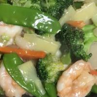 Shrimp W. Chinese Vegetable (Large) · Shrimp with broccoli, water chestnuts, carrots, snow peas, baby corn, and bamboo shoots in w...