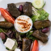 Dolmades · Stuffed grape leaves with rice and pita bread.