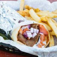 Gyro Platter · Beef and lamb gyro over fries. Served with Kosta's salad and pita bread.