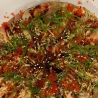 Sakura Pizza(6) · Served w. scallion pancake. Tuna, salmon, white fish, crab meat, seaweed salad, cucumber, fi...