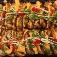 Crispy Salmon Roll · Lightly fried spicy salmon & cream cheese roll, topped with spicy mayo, honey wasabi sauce &...