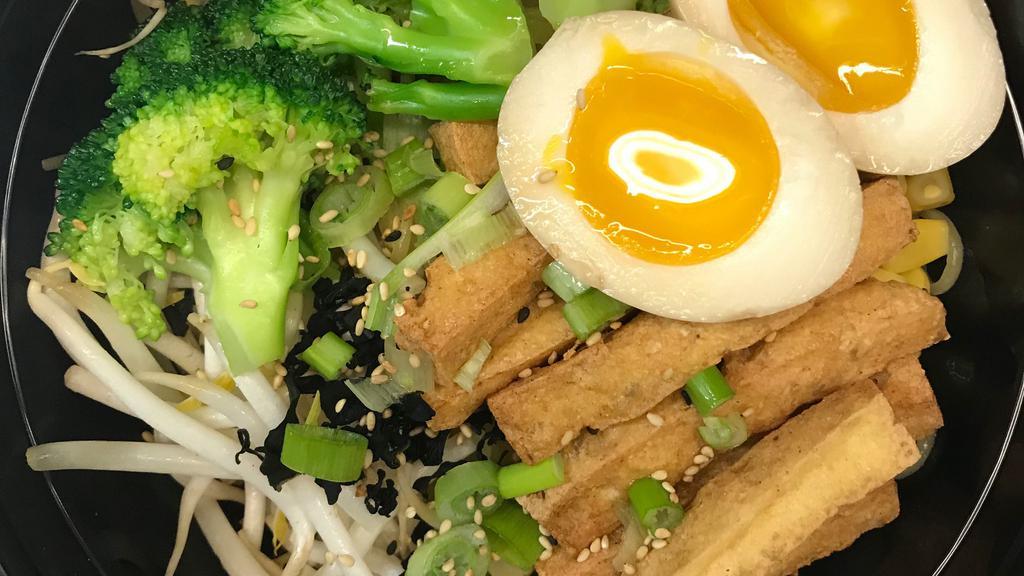Vegetarian Ramen · Fried tofu, sweet corn, scallion, sautéed bean sprouts, bamboo, crunch garlic,broccoli, wakame, sesame seeds, boiled egg.