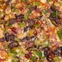 Backyard Pie Cauliflower Gf Pizza Crust (Small 10”) · Tomato Sauce, Green Pepper, Red Onions, Mushroom, Kalamata Olives, Chili Peppers, Mozzarella...