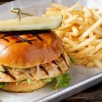 Grilled Chicken Sandwich · Six ounces of chicken breast grilled topped with a sweet and spicy honey aioli, lettuce, tom...