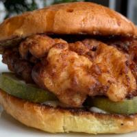 Fried Chicken Sandwich · Pickles and mayo on a brioche bun.